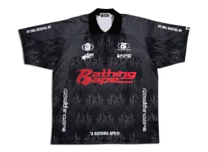 A Bathing Ape Flame Pattern Half Zip Relaxed Fit Polo Shirt in Black xld