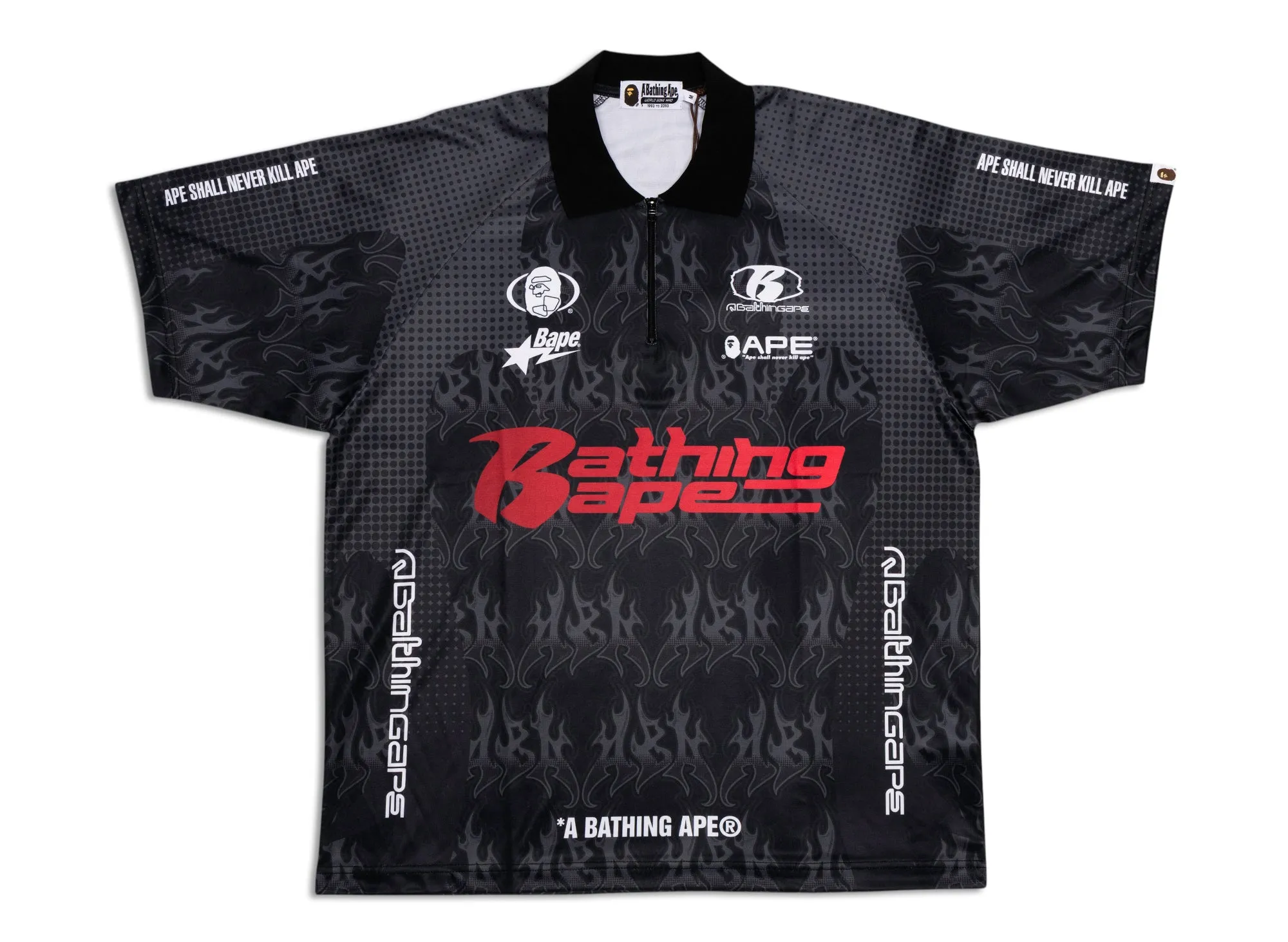 A Bathing Ape Flame Pattern Half Zip Relaxed Fit Polo Shirt in Black xld