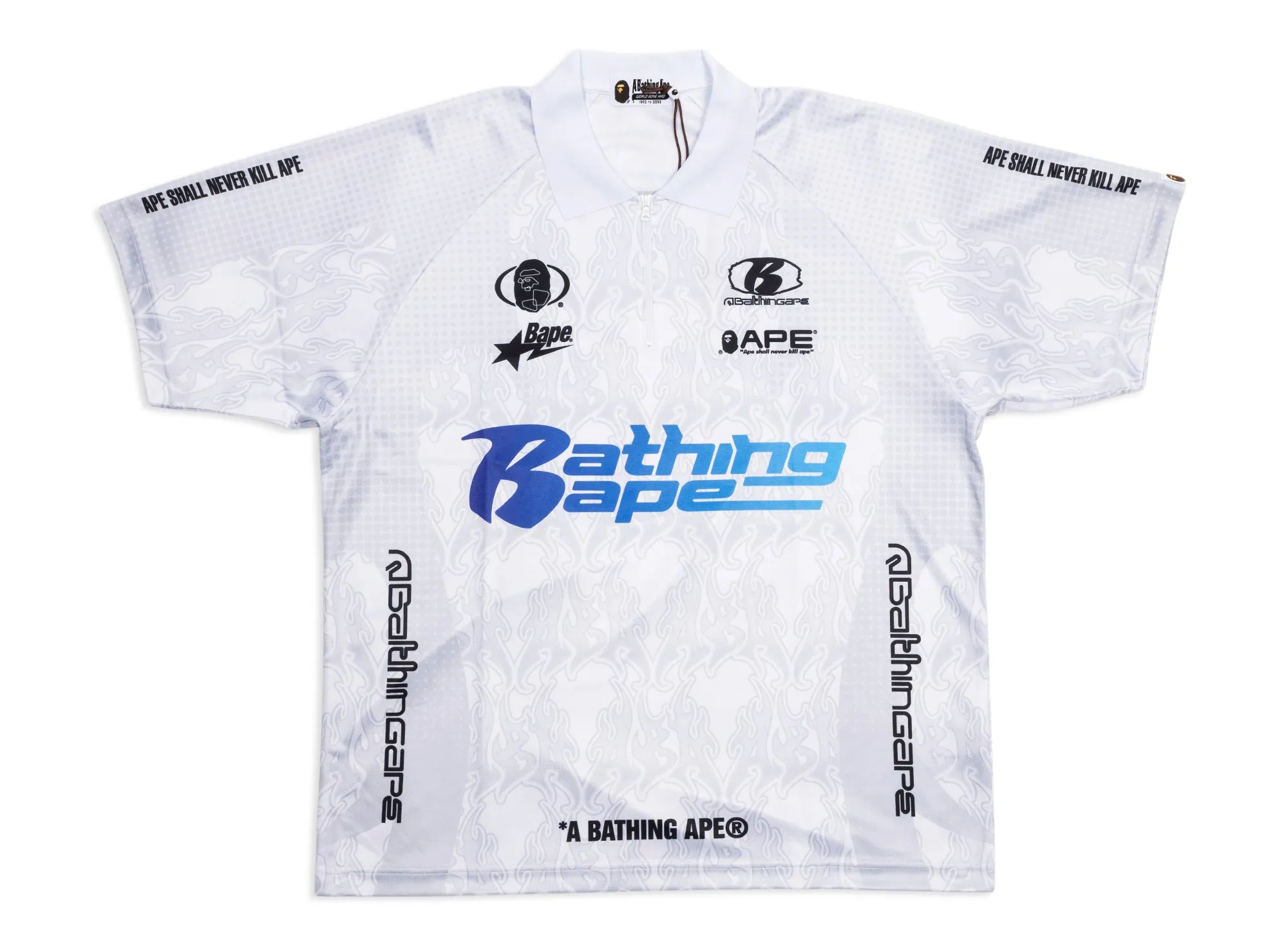 A Bathing Ape Flame Pattern Half Zip Relaxed Fit Polo Shirt in White xld