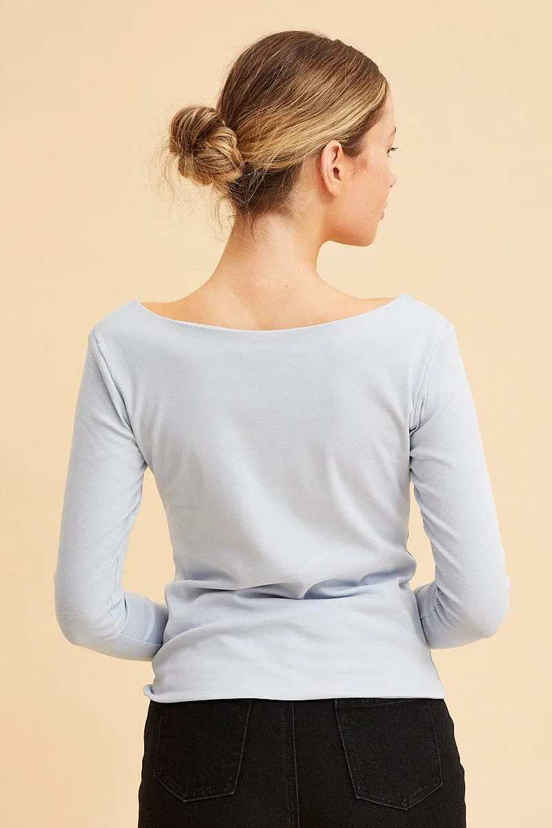 Blue V Neck Top Long Sleeve Cotton Stretch
