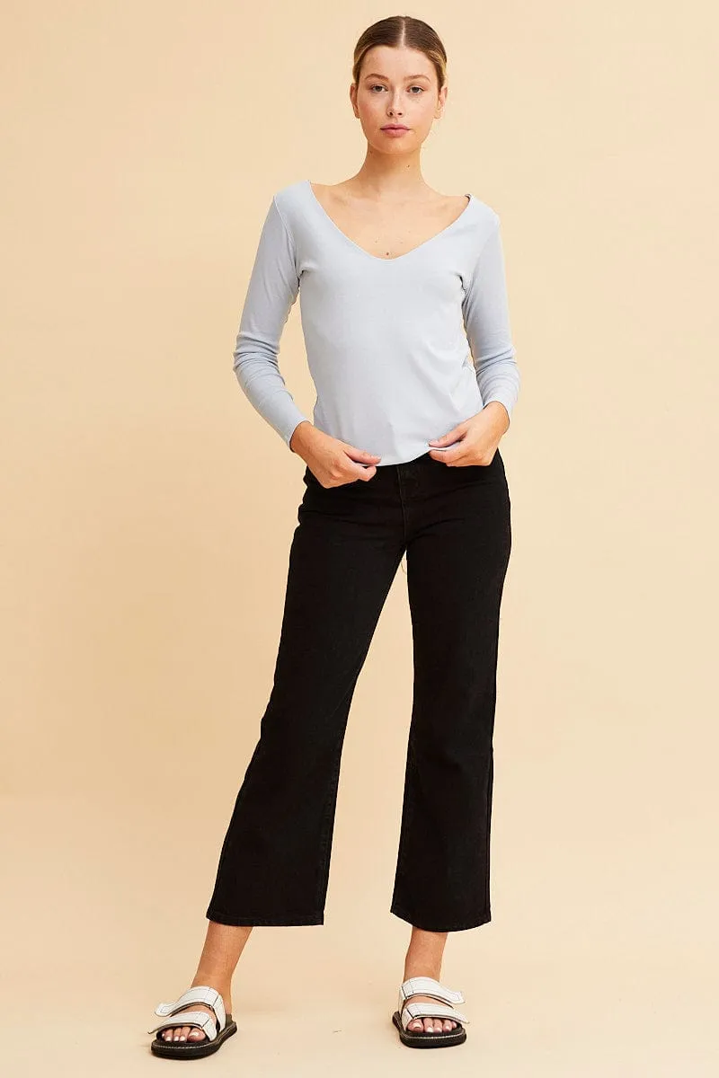 Blue V Neck Top Long Sleeve Cotton Stretch