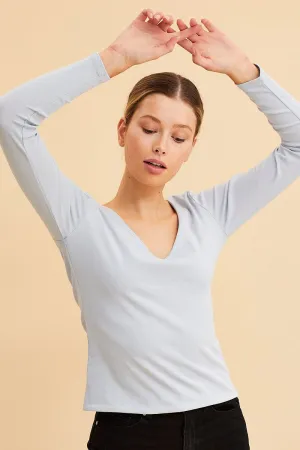Blue V Neck Top Long Sleeve Cotton Stretch