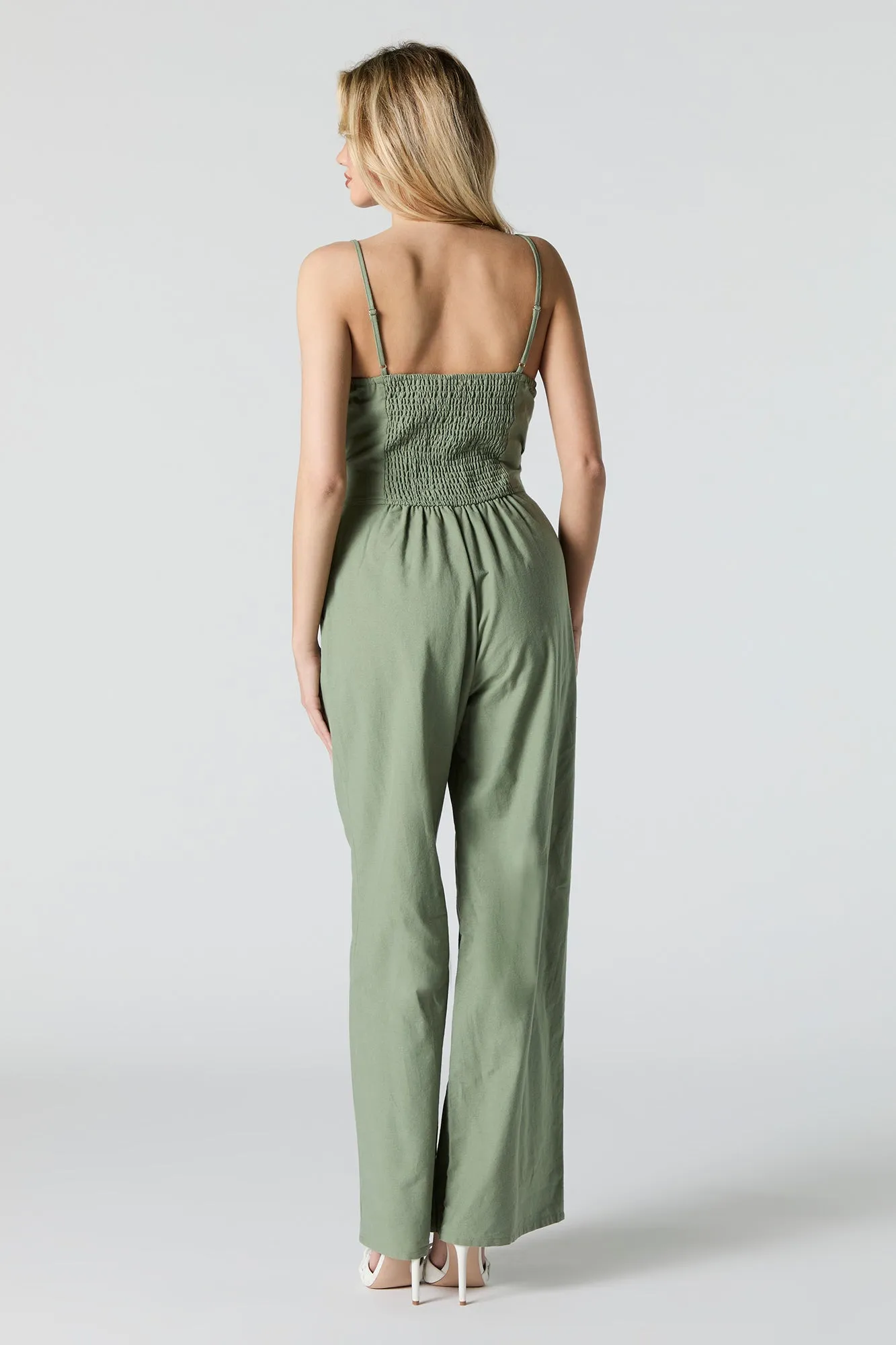Button Front Belted Wide Leg Jumpsuit
