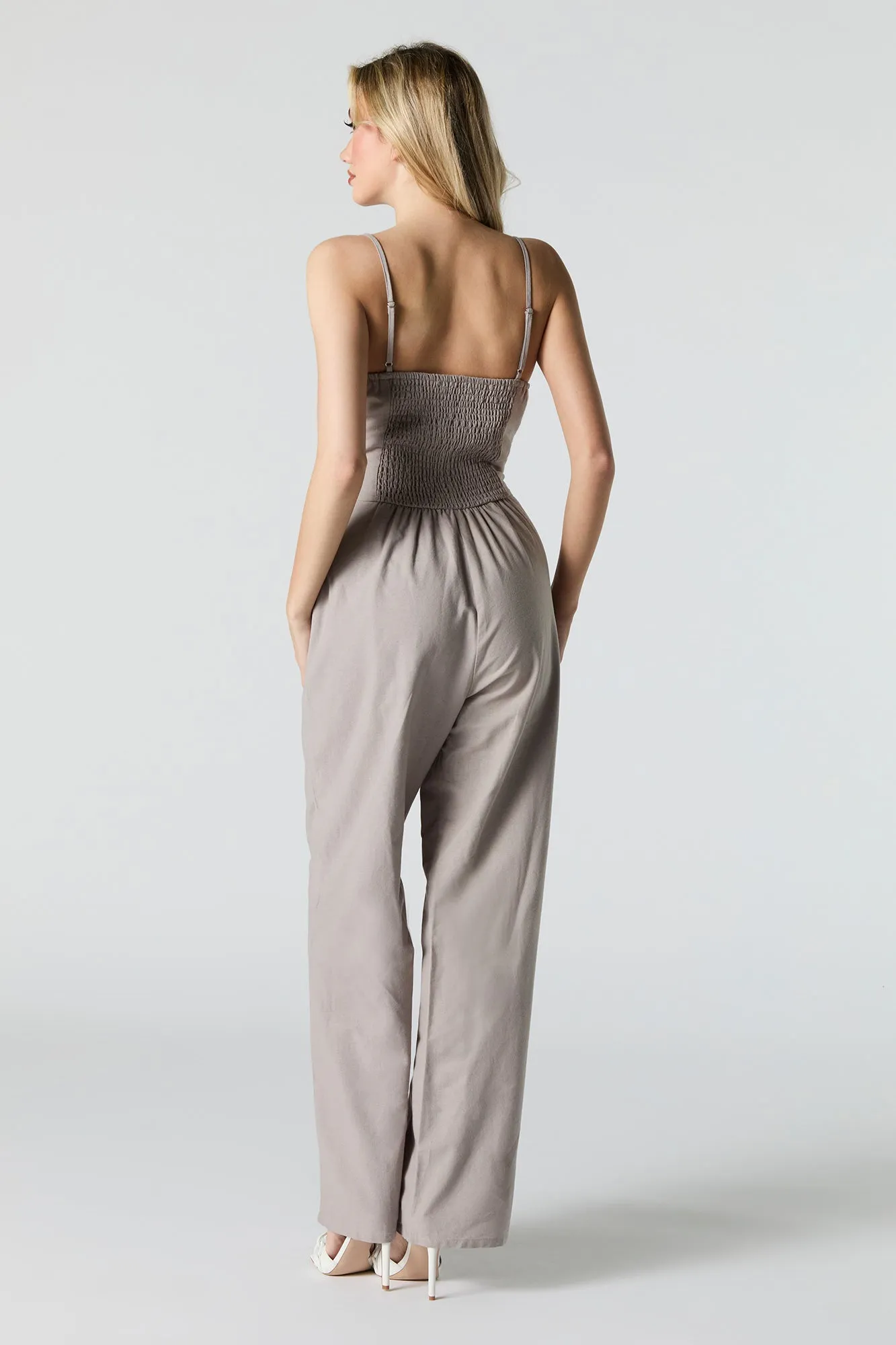 Button Front Belted Wide Leg Jumpsuit