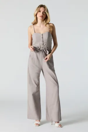Button Front Belted Wide Leg Jumpsuit