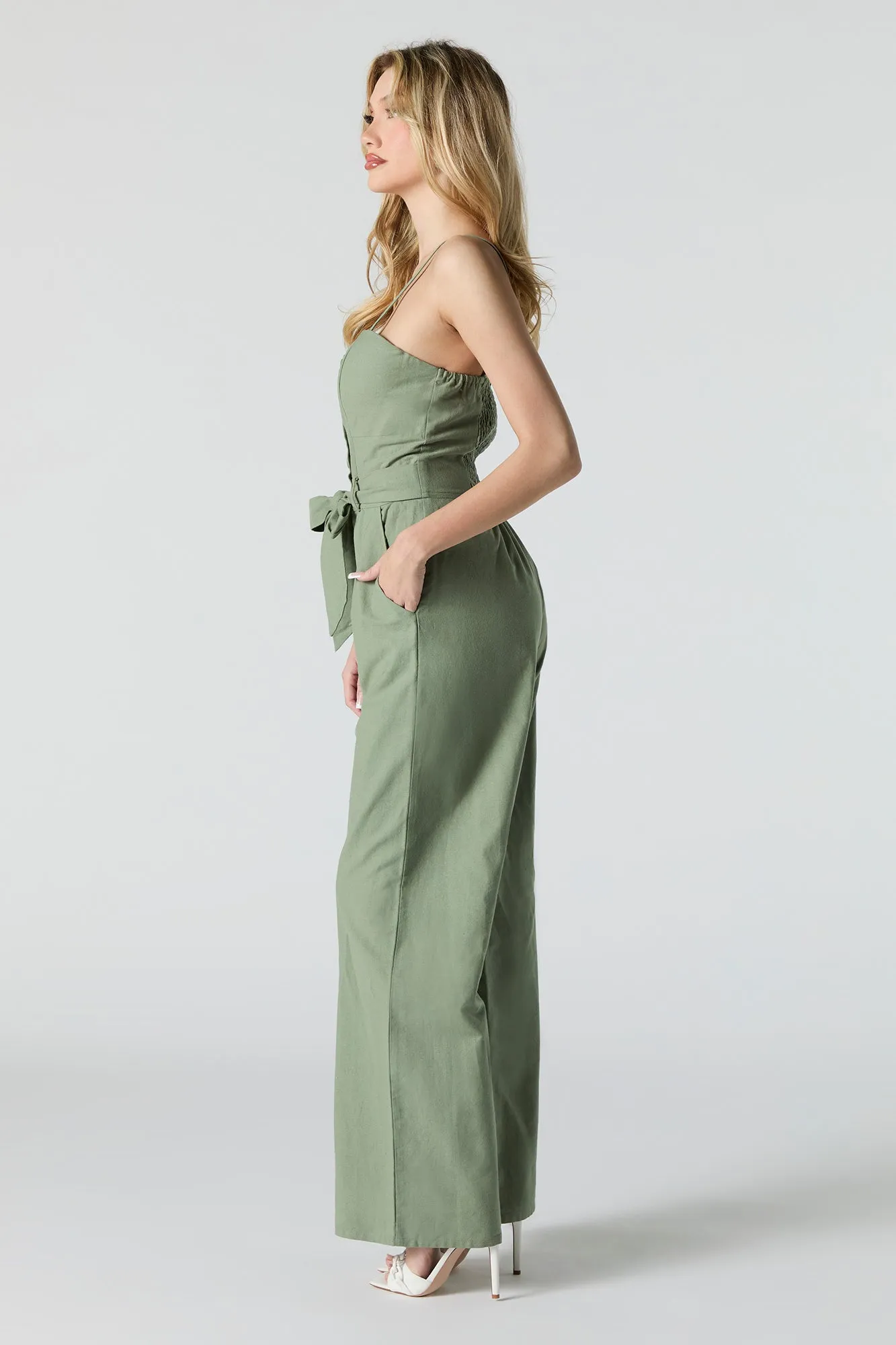Button Front Belted Wide Leg Jumpsuit