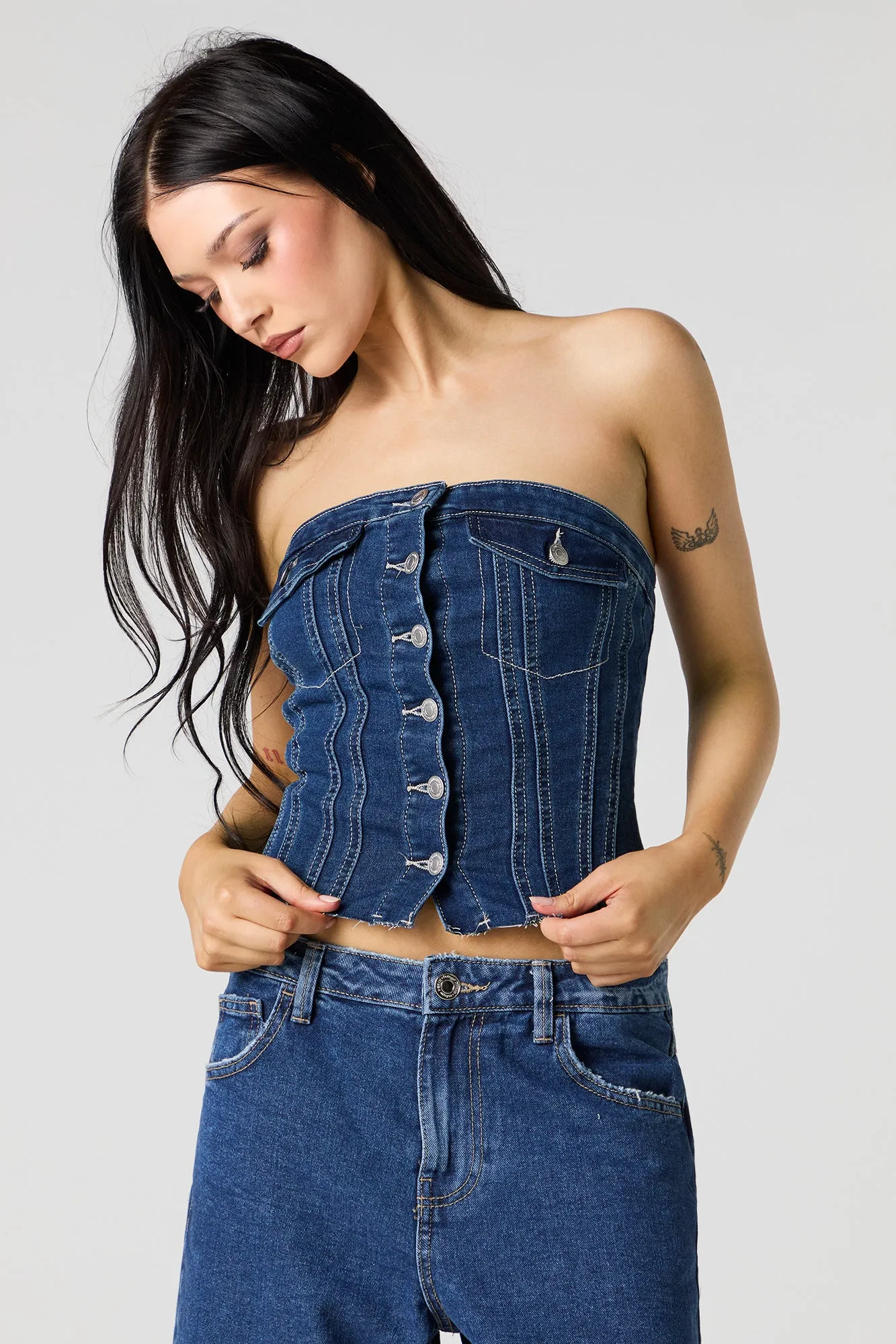 Button Front Denim Tube Top