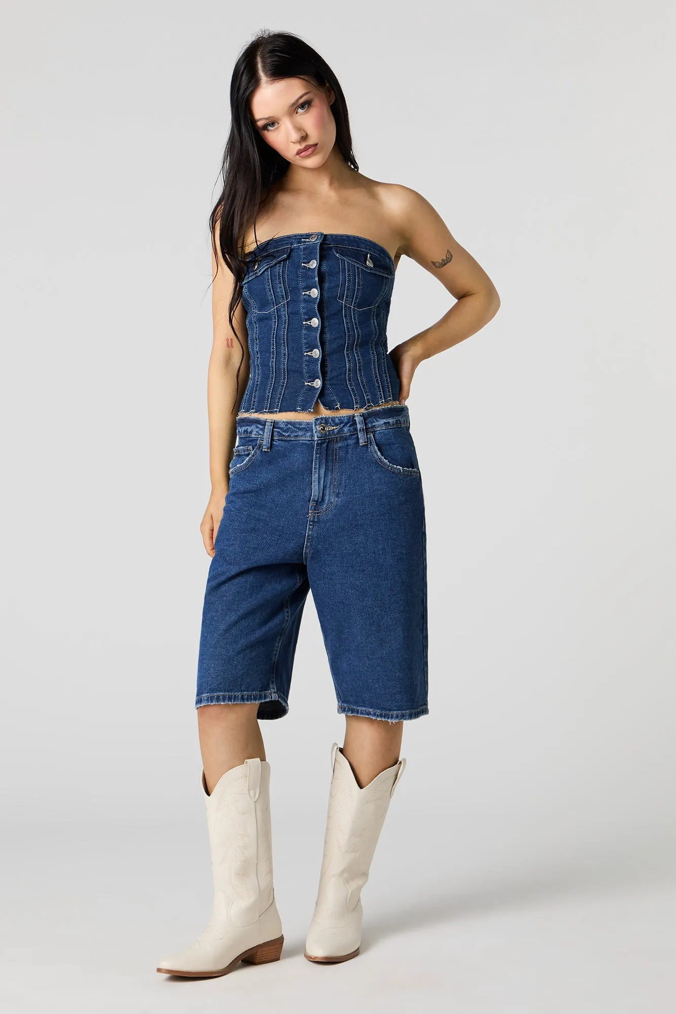 Button Front Denim Tube Top
