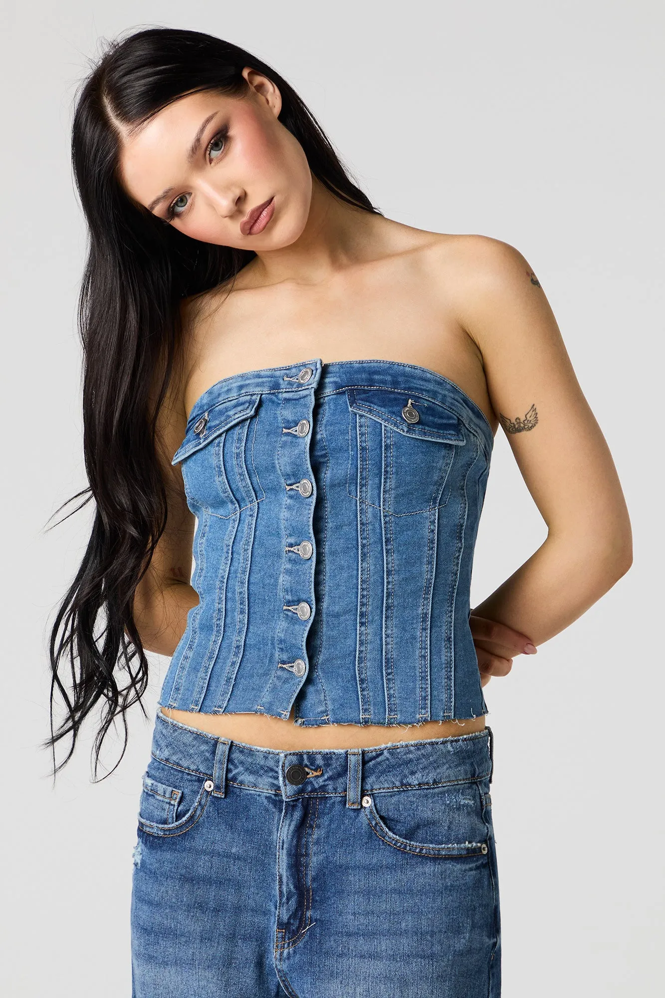Button Front Denim Tube Top