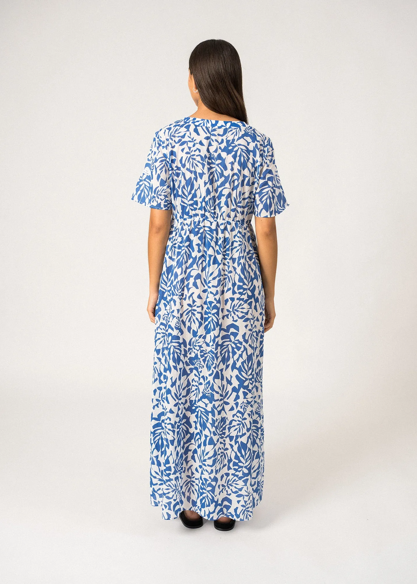 CECILIA - V-Neckline Maxi Dress with Floral Motifs| 100% Cotton (WHITE / MER BLUE)