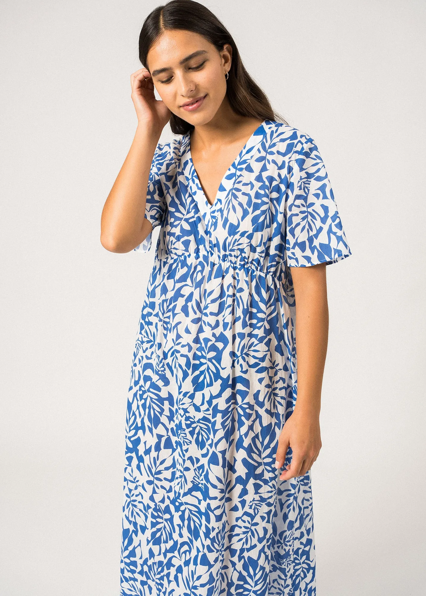 CECILIA - V-Neckline Maxi Dress with Floral Motifs| 100% Cotton (WHITE / MER BLUE)