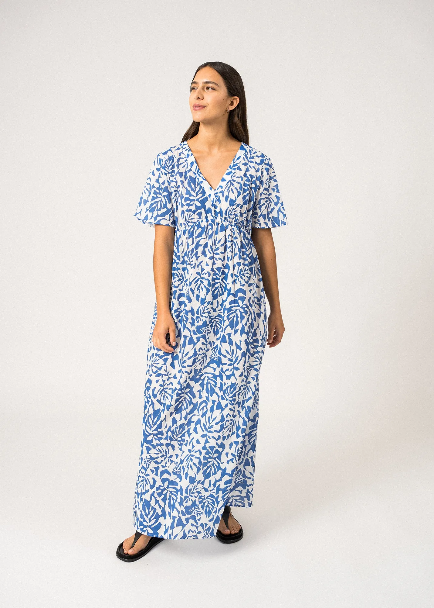 CECILIA - V-Neckline Maxi Dress with Floral Motifs| 100% Cotton (WHITE / MER BLUE)