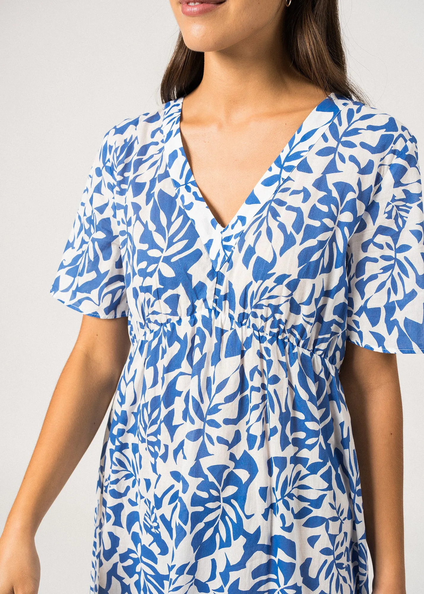 CECILIA - V-Neckline Maxi Dress with Floral Motifs| 100% Cotton (WHITE / MER BLUE)