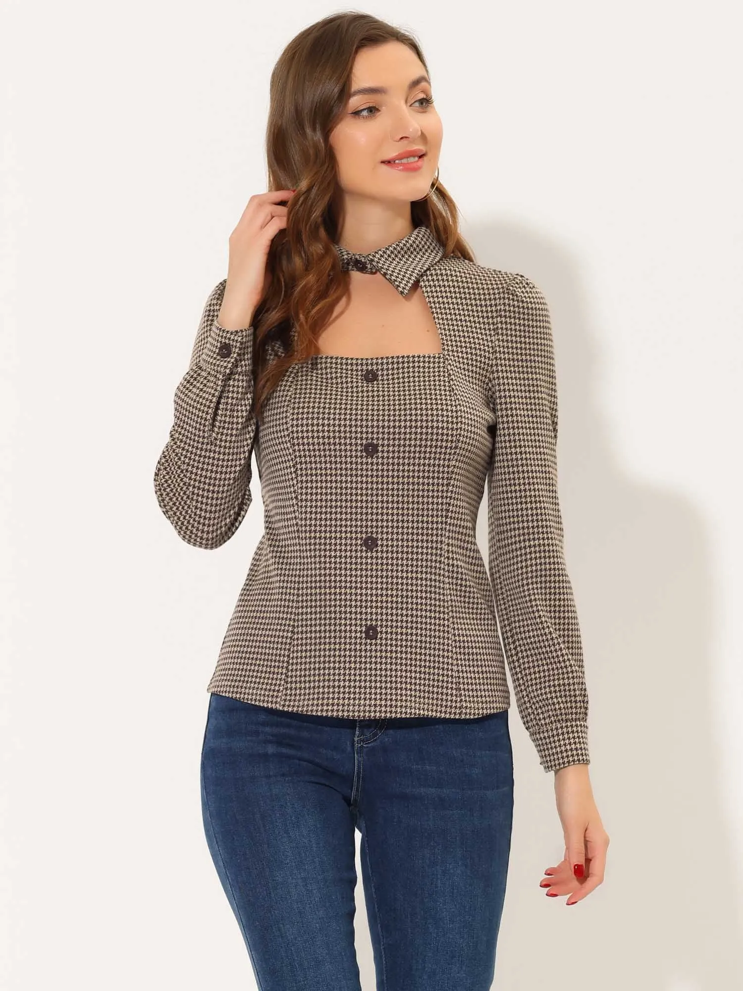 Choker Neck Houndstooth Print Long Sleeve Gothic Cutout Blouse