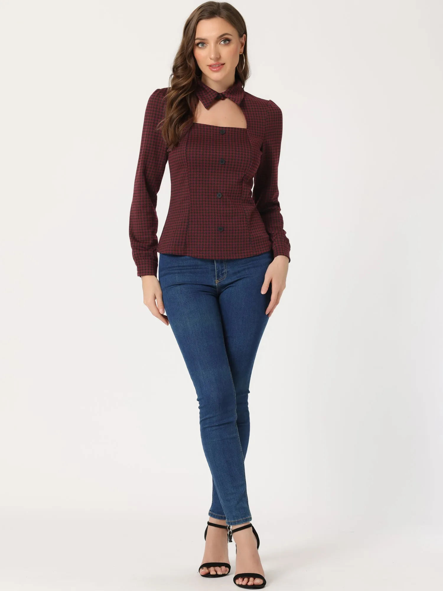 Choker Neck Houndstooth Print Long Sleeve Gothic Cutout Blouse