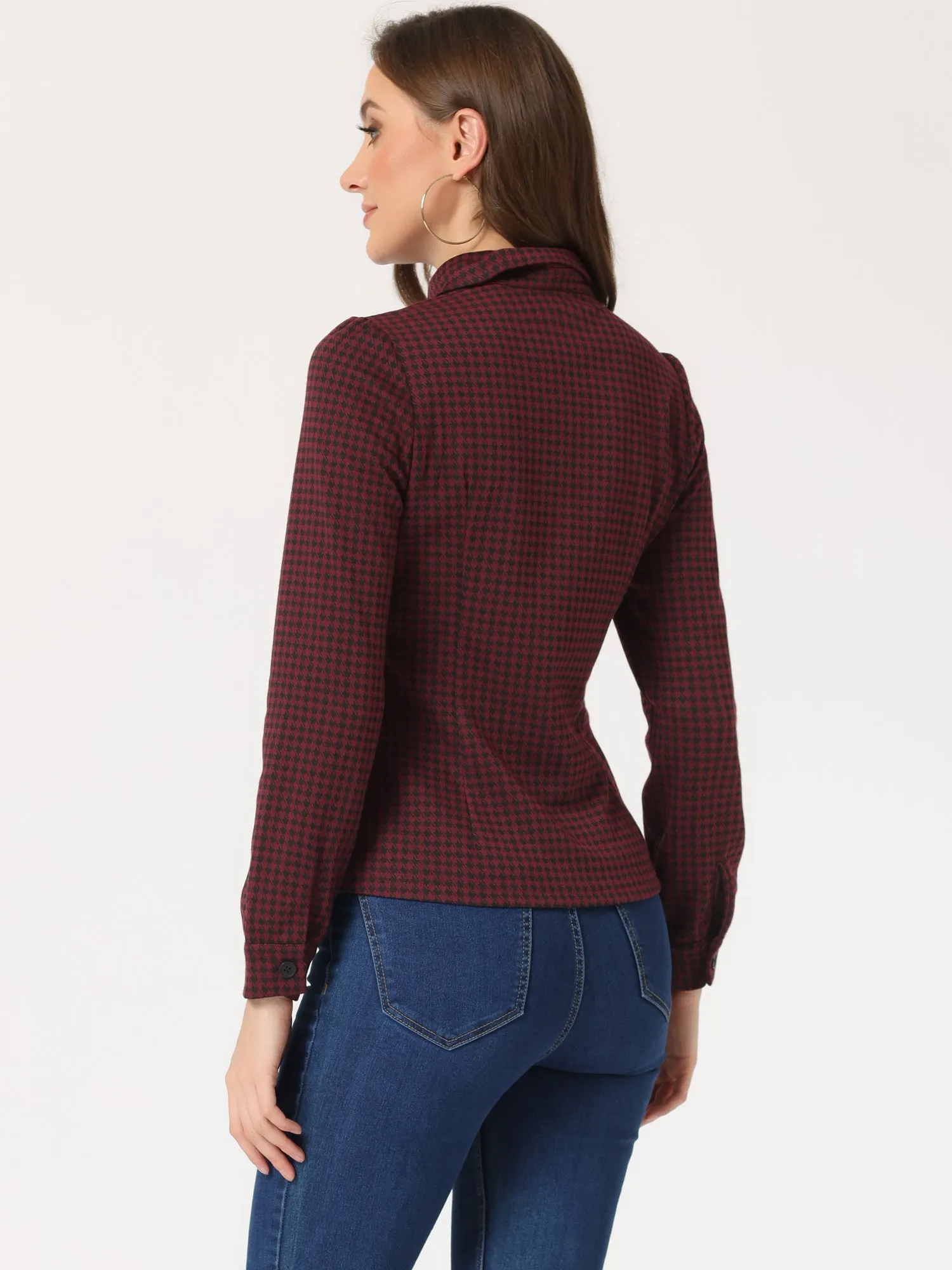 Choker Neck Houndstooth Print Long Sleeve Gothic Cutout Blouse