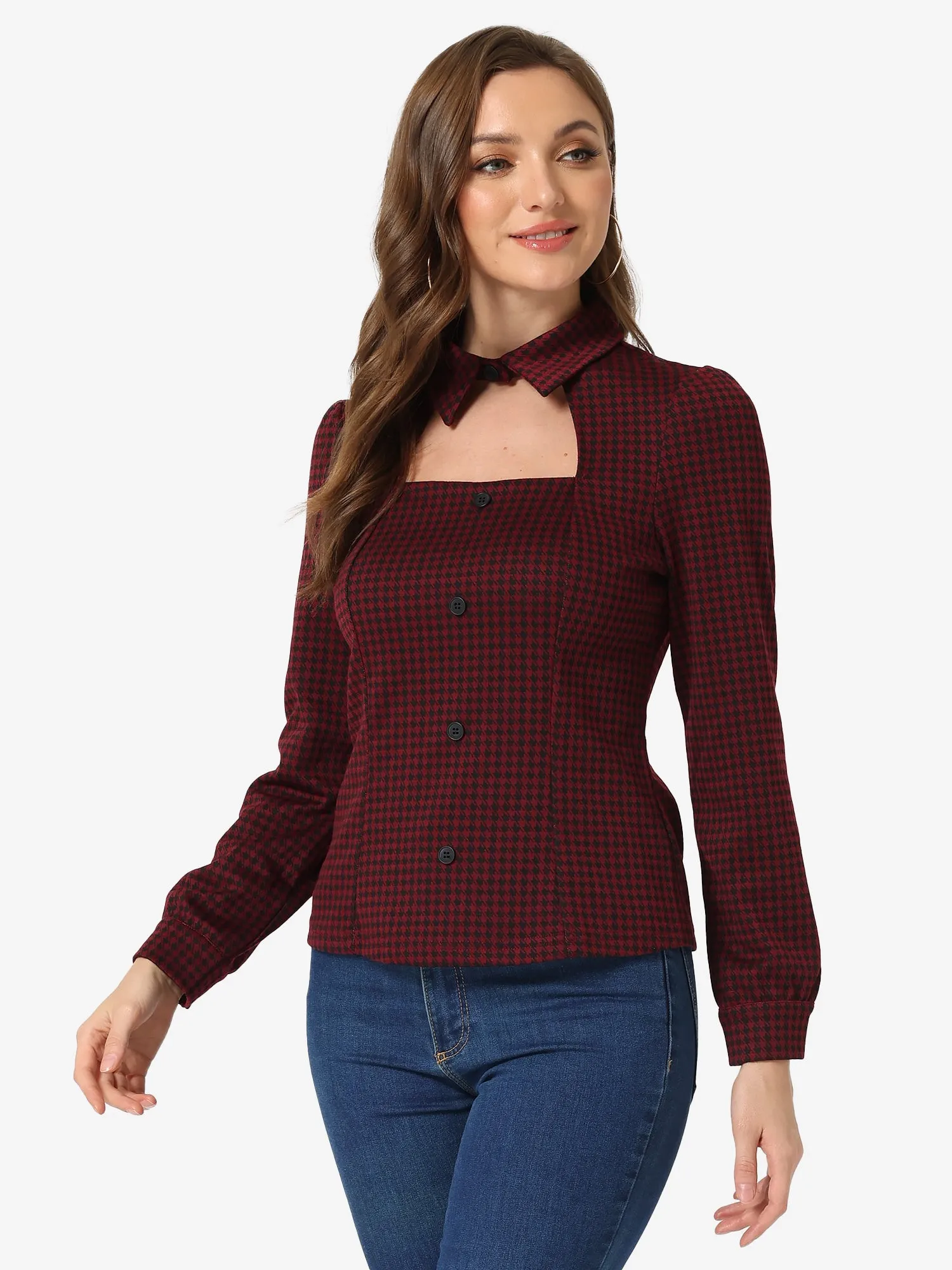 Choker Neck Houndstooth Print Long Sleeve Gothic Cutout Blouse