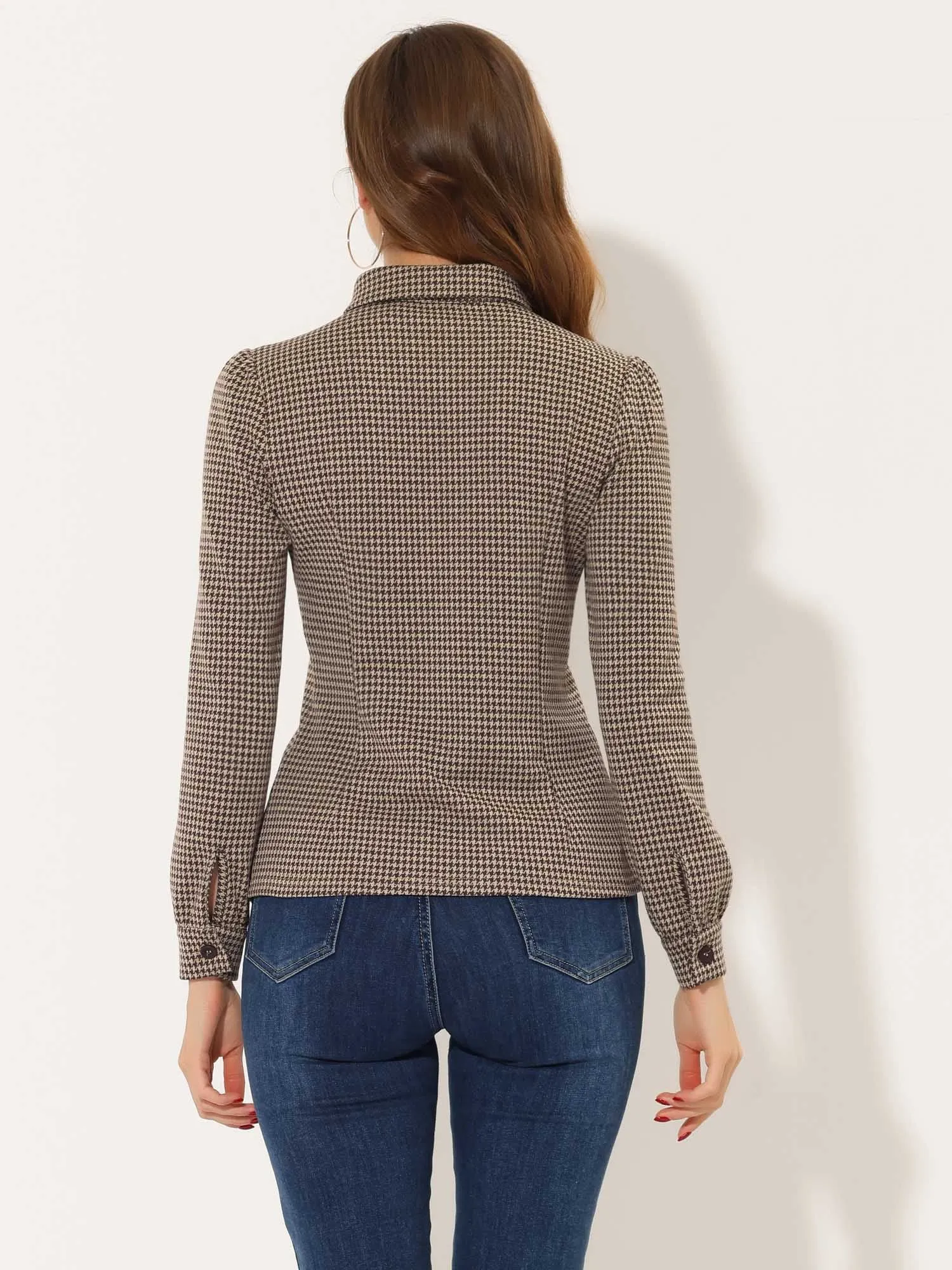 Choker Neck Houndstooth Print Long Sleeve Gothic Cutout Blouse