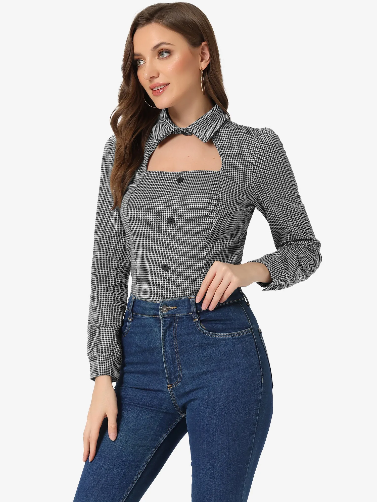 Choker Neck Houndstooth Print Long Sleeve Gothic Cutout Blouse