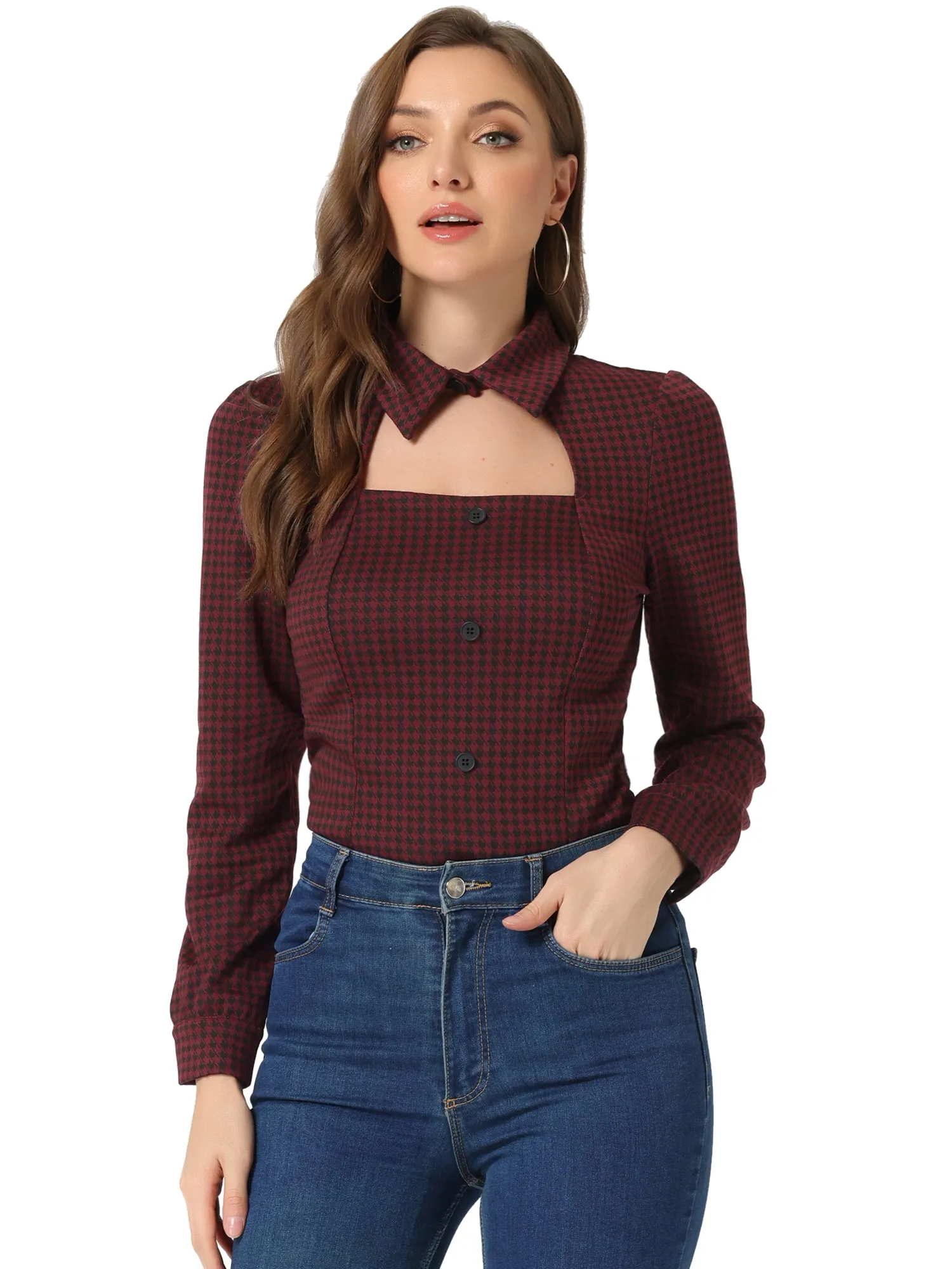 Choker Neck Houndstooth Print Long Sleeve Gothic Cutout Blouse