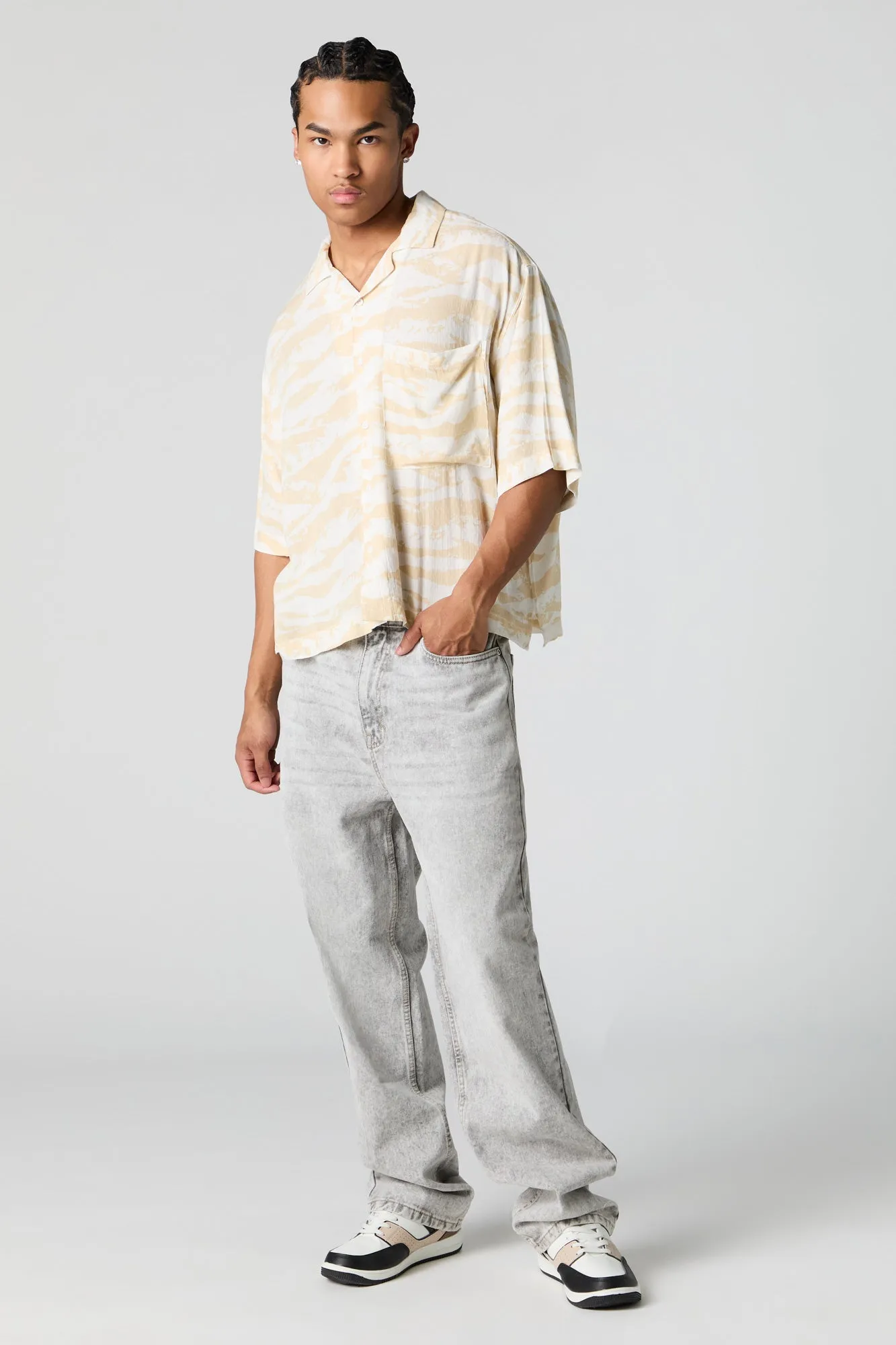 Cloud Print Boxy Button-Up Top