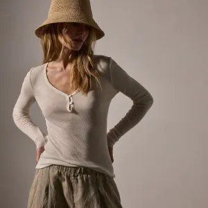 Cotton Cashmere Blend Ribbed Henley - Ivory