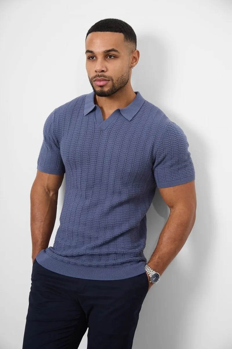 Cotton Textured Open Collar Knitted Polo Shirt in Slate Blue