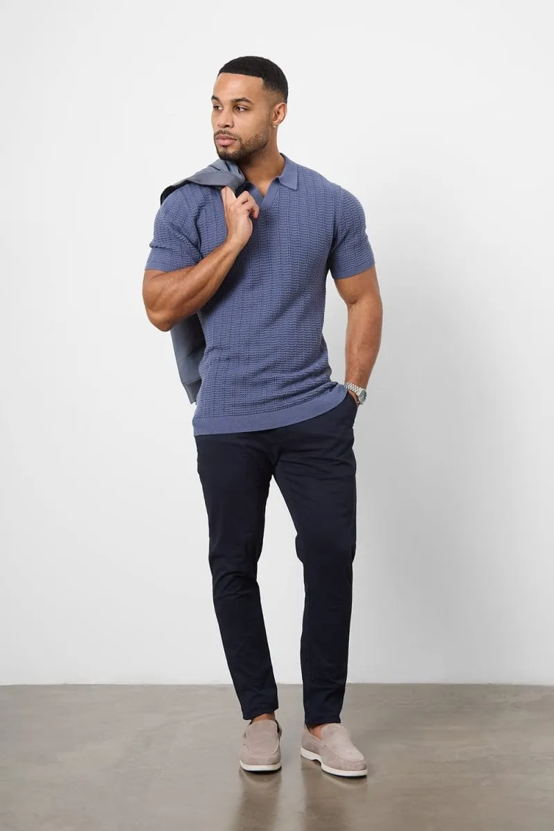 Cotton Textured Open Collar Knitted Polo Shirt in Slate Blue