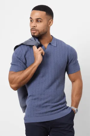 Cotton Textured Open Collar Knitted Polo Shirt in Slate Blue