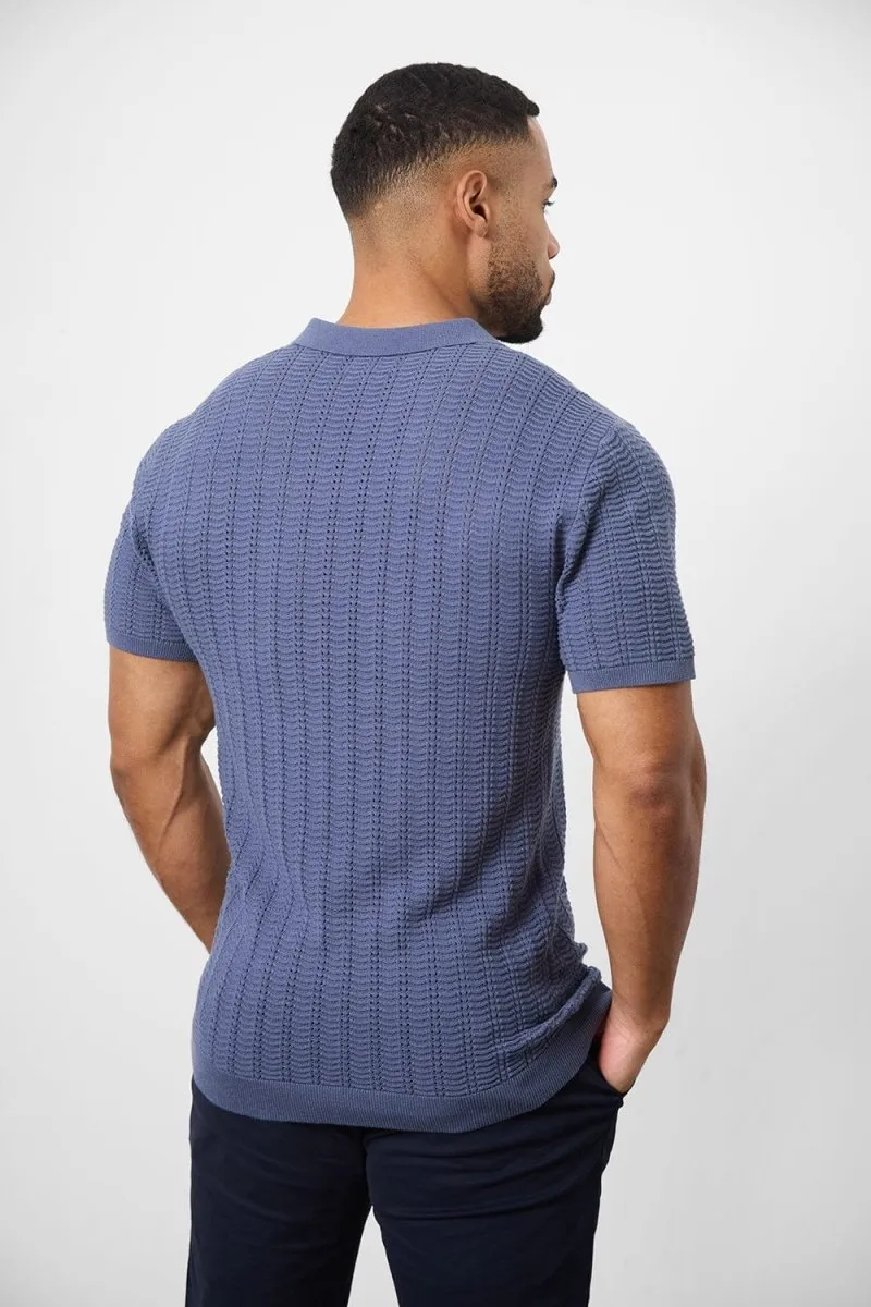 Cotton Textured Open Collar Knitted Polo Shirt in Slate Blue