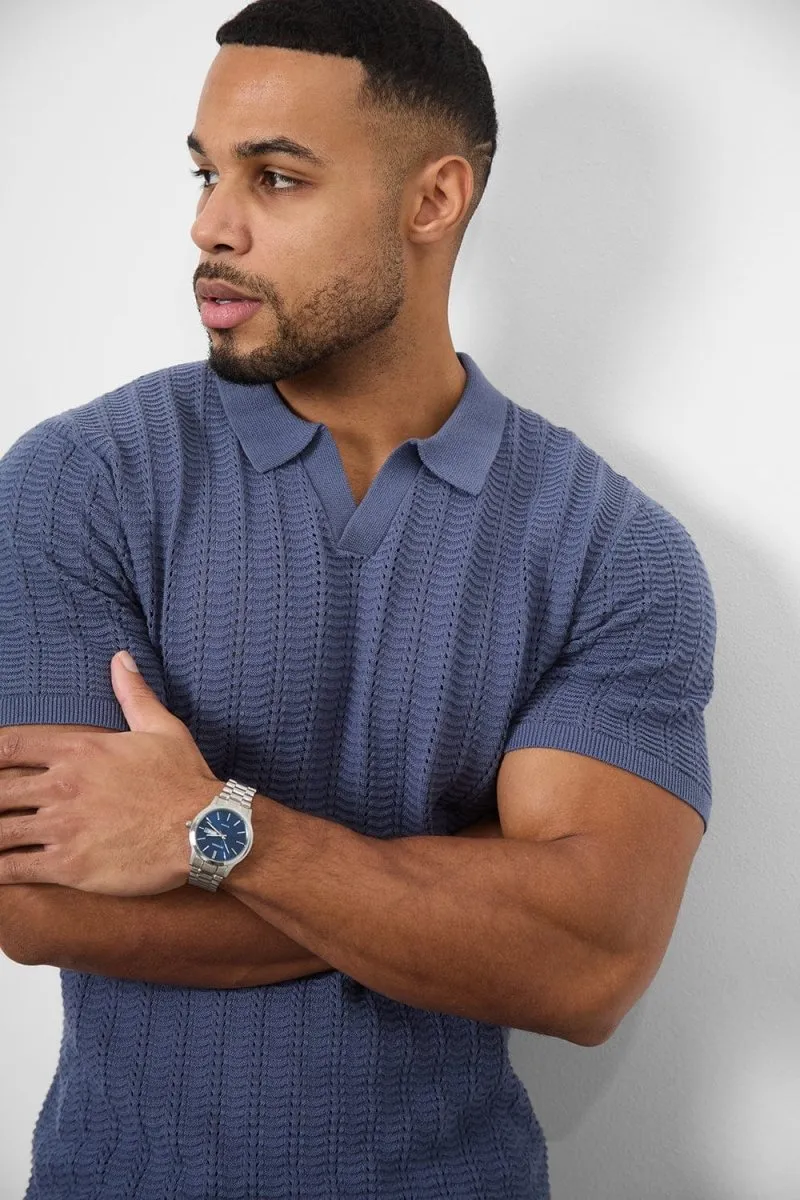 Cotton Textured Open Collar Knitted Polo Shirt in Slate Blue