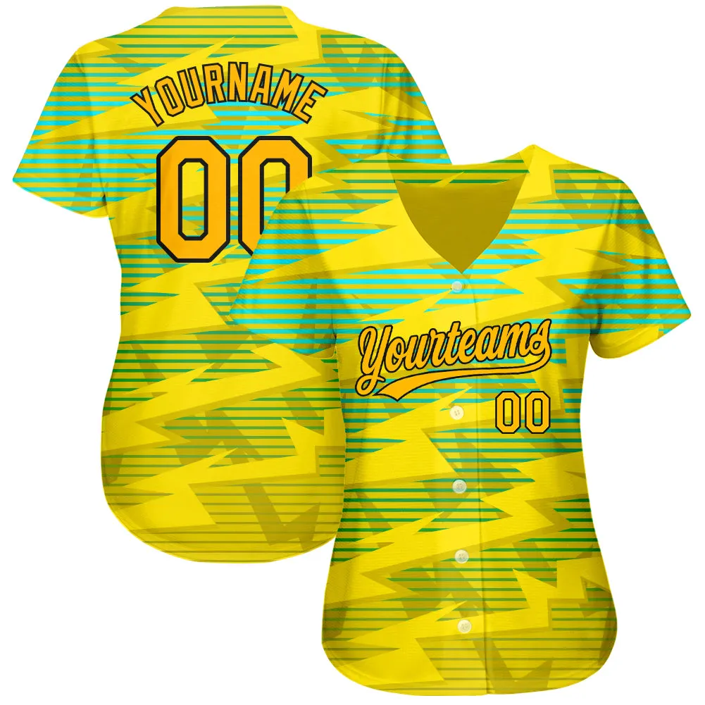 Custom Gold Gold Black-Light Blue 3D Pattern Design Authentic Baseball Jersey