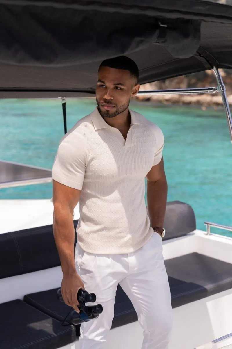 Fine Cable Knitted Polo Shirt in Ecru