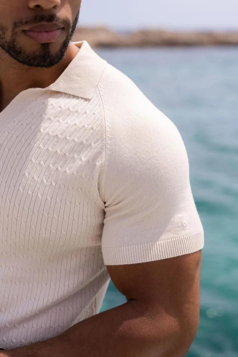 Fine Cable Knitted Polo Shirt in Ecru