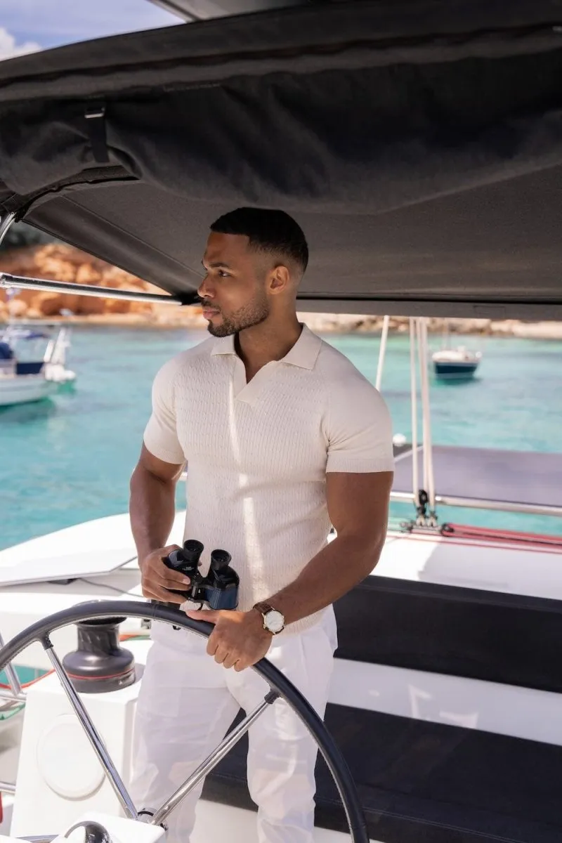 Fine Cable Knitted Polo Shirt in Ecru