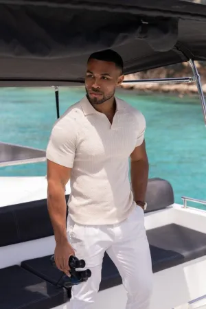 Fine Cable Knitted Polo Shirt in Ecru