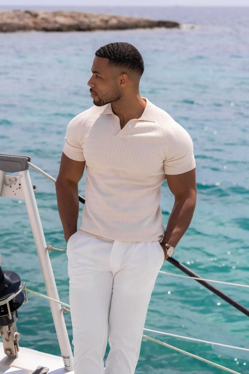 Fine Cable Knitted Polo Shirt in Ecru