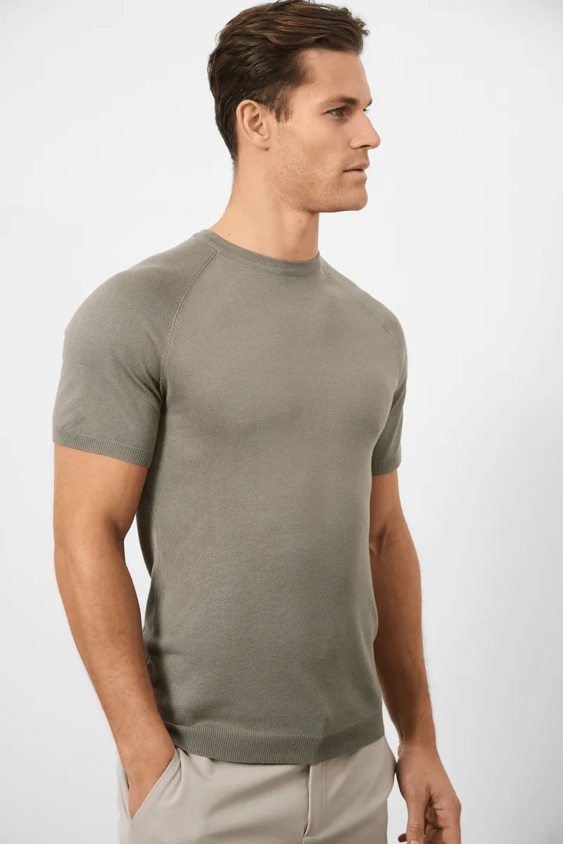 Fine Gauge Knitted T-Shirt in Soft Sage