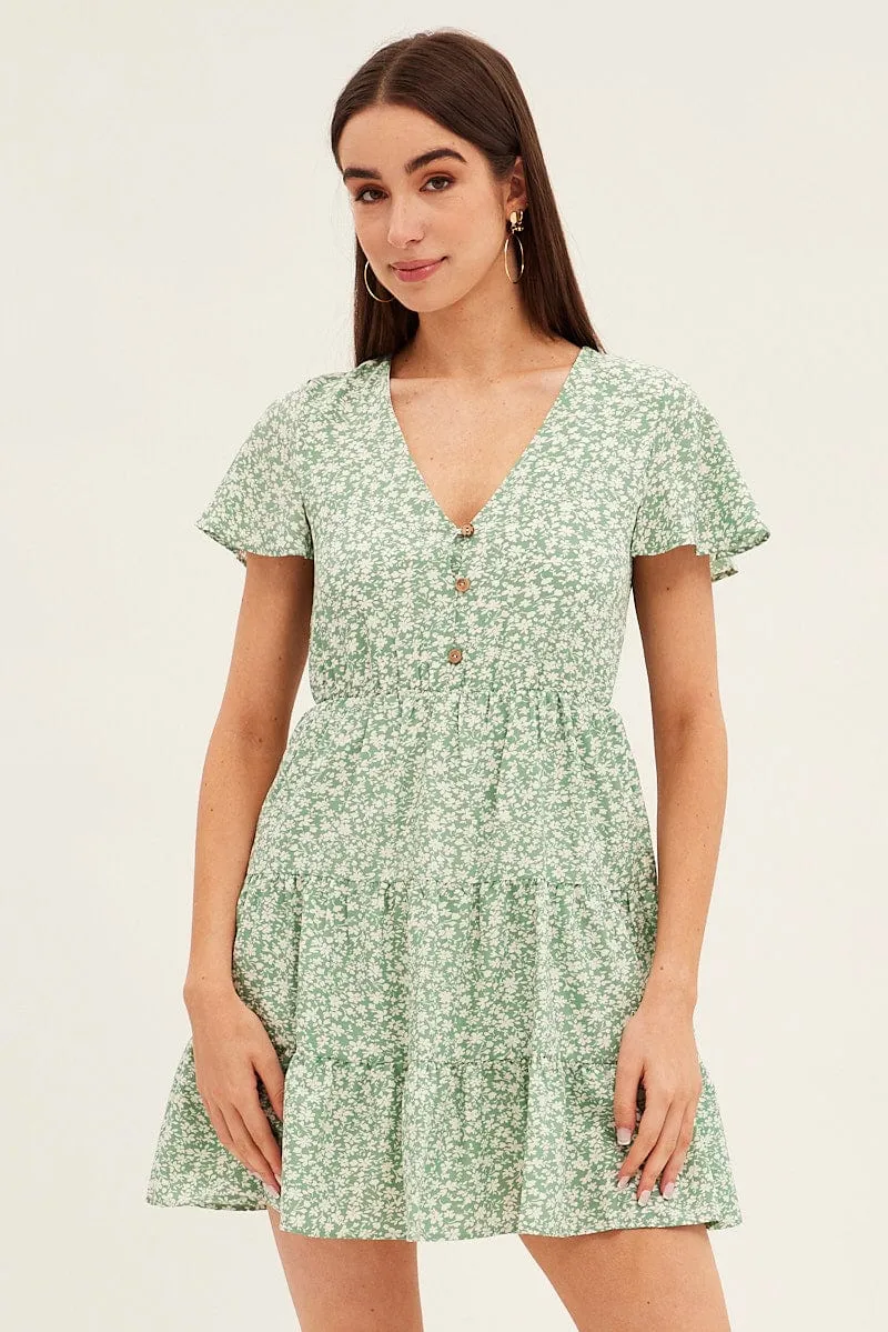 Green Floral Button Front Short Sleeve Mini Skater Dress