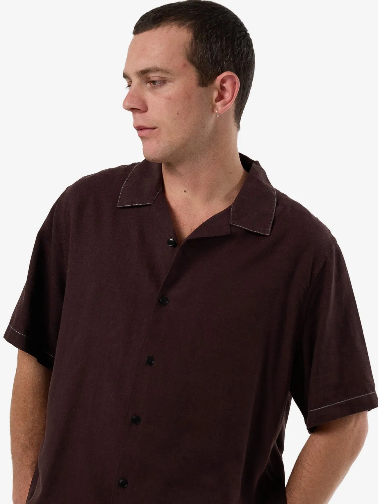 Hemp Minimal Thrills Contrast Stitch Bowling Shirt - Java