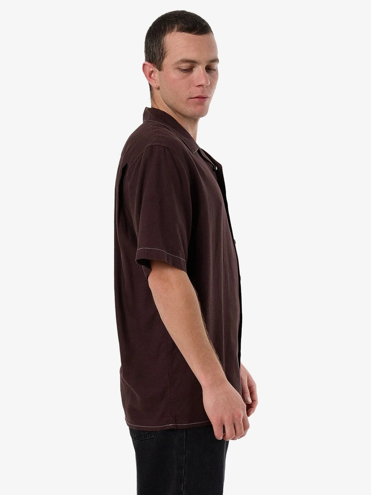 Hemp Minimal Thrills Contrast Stitch Bowling Shirt - Java