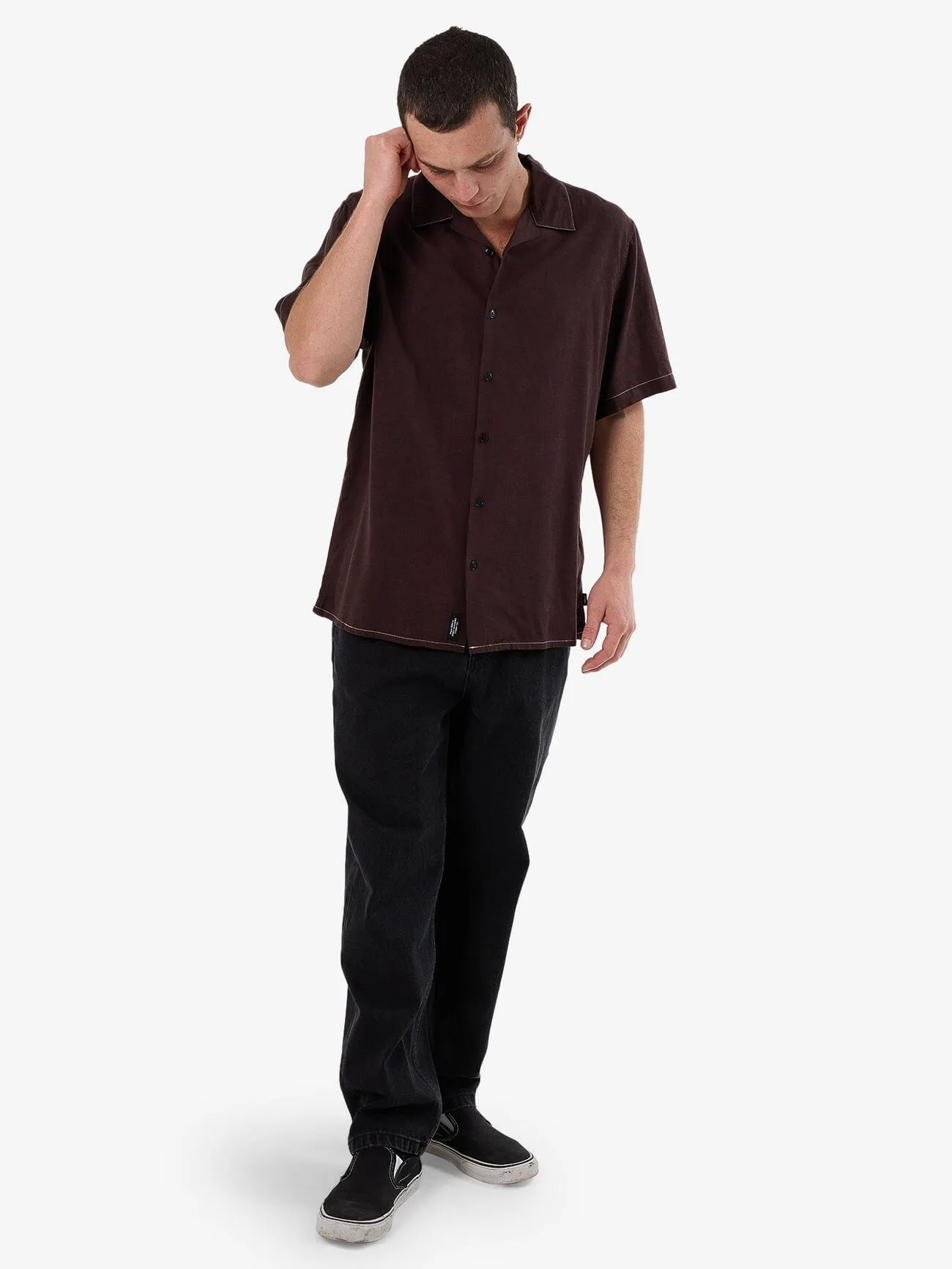 Hemp Minimal Thrills Contrast Stitch Bowling Shirt - Java