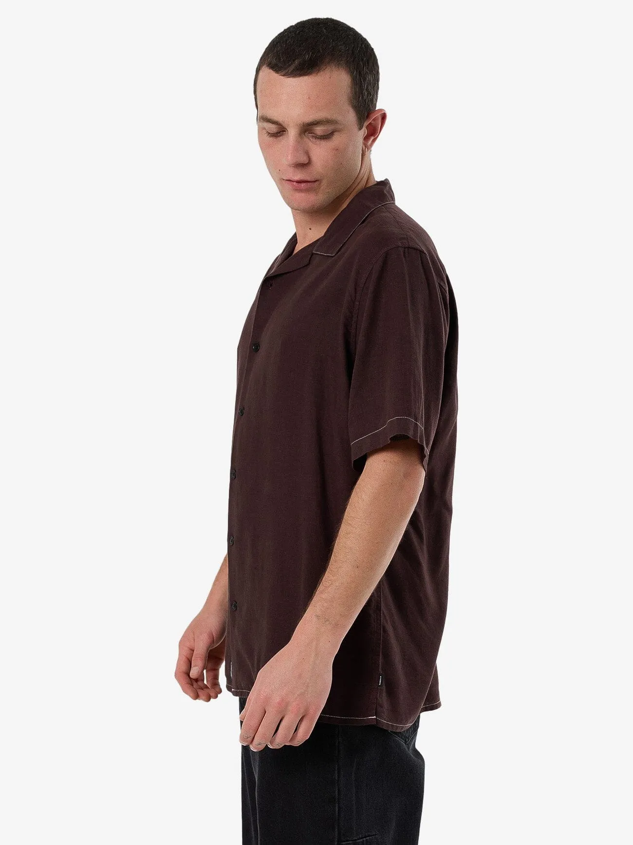 Hemp Minimal Thrills Contrast Stitch Bowling Shirt - Java