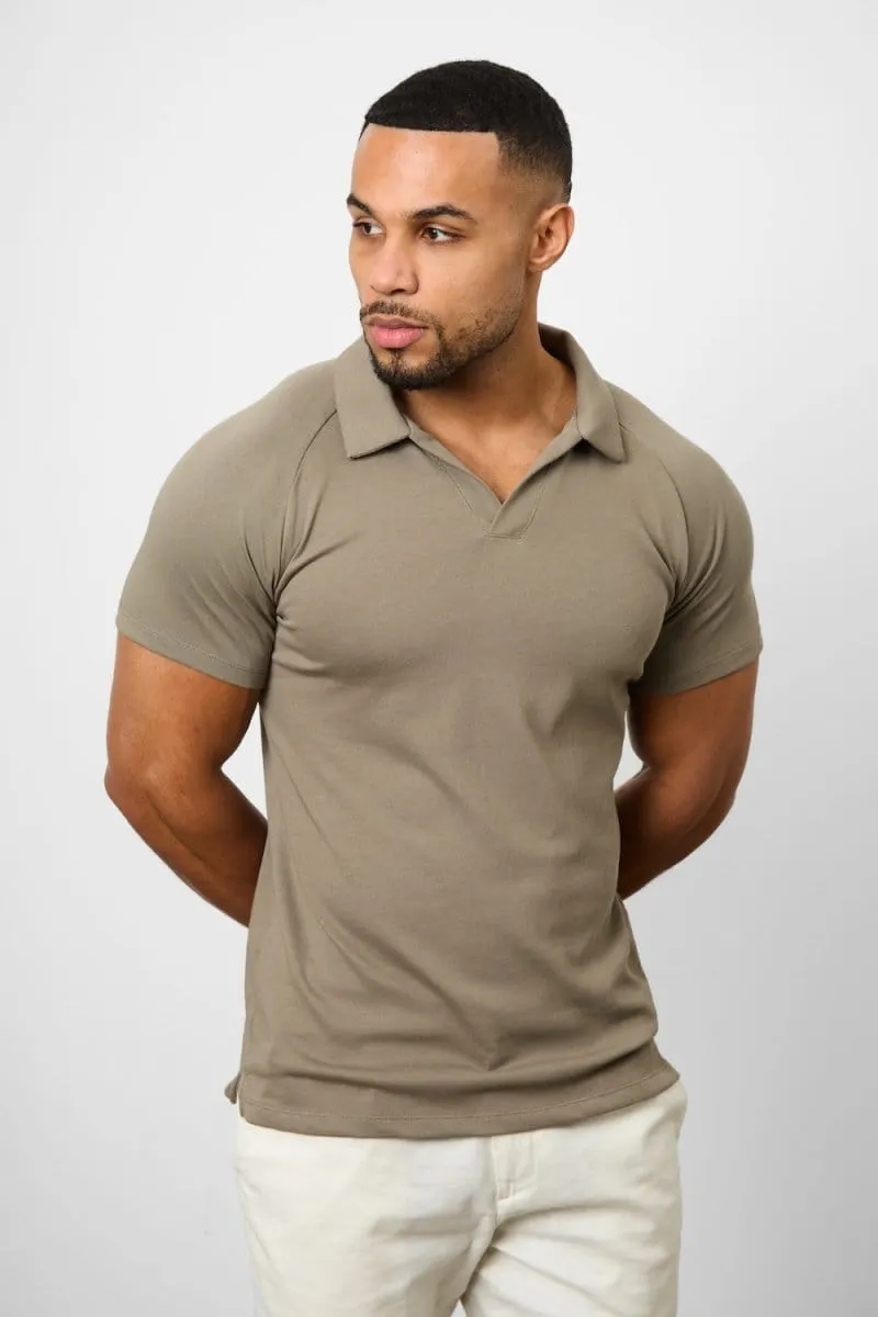 Knit Look Open Collar Polo Shirt in Khaki