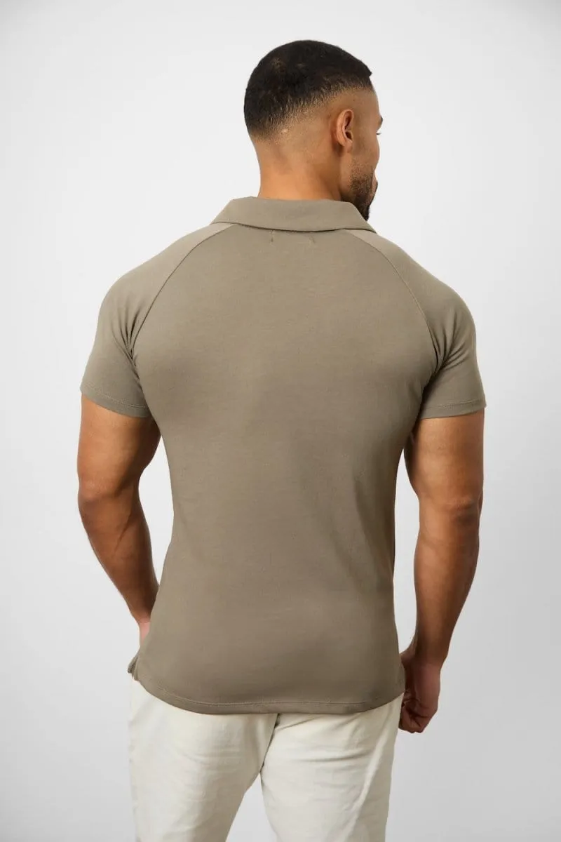 Knit Look Open Collar Polo Shirt in Khaki
