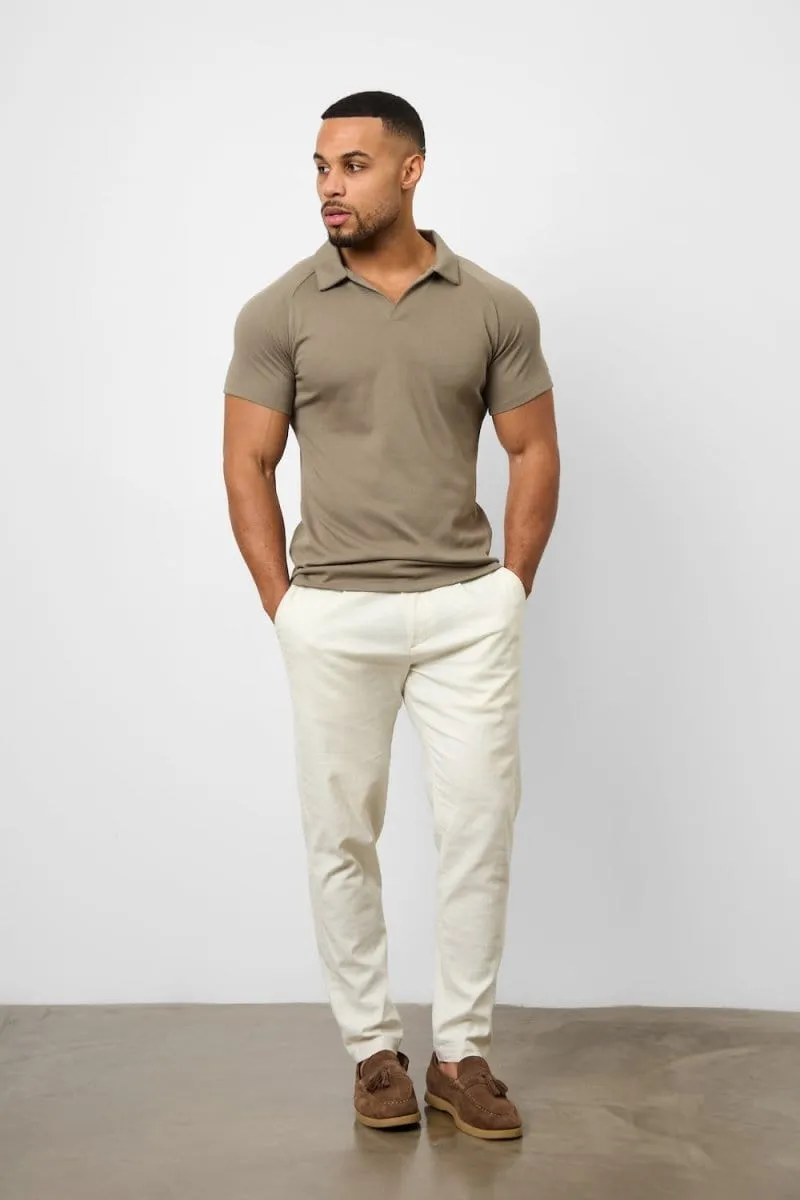 Knit Look Open Collar Polo Shirt in Khaki