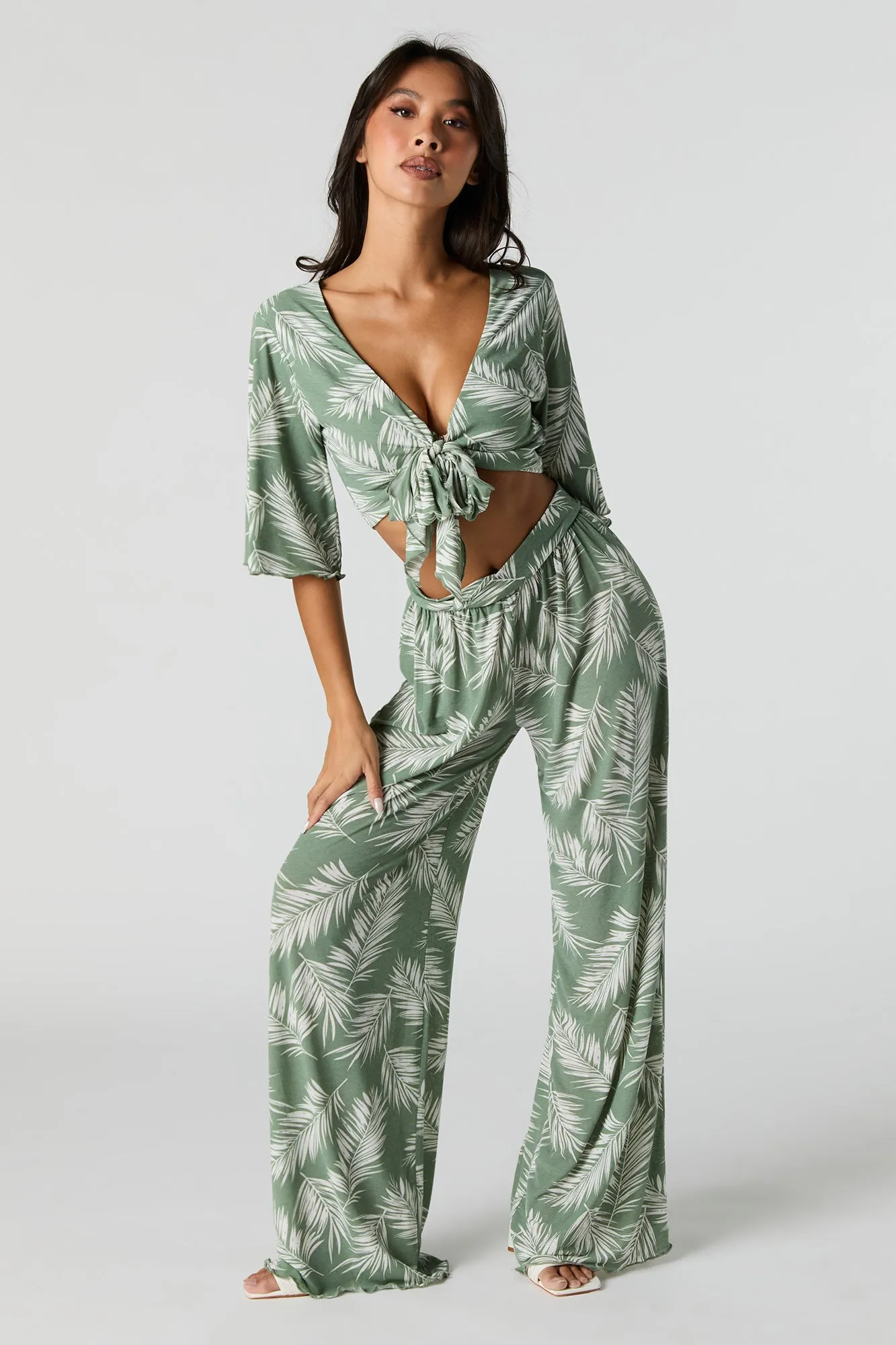 Leaf Print Tie Front Crop Top