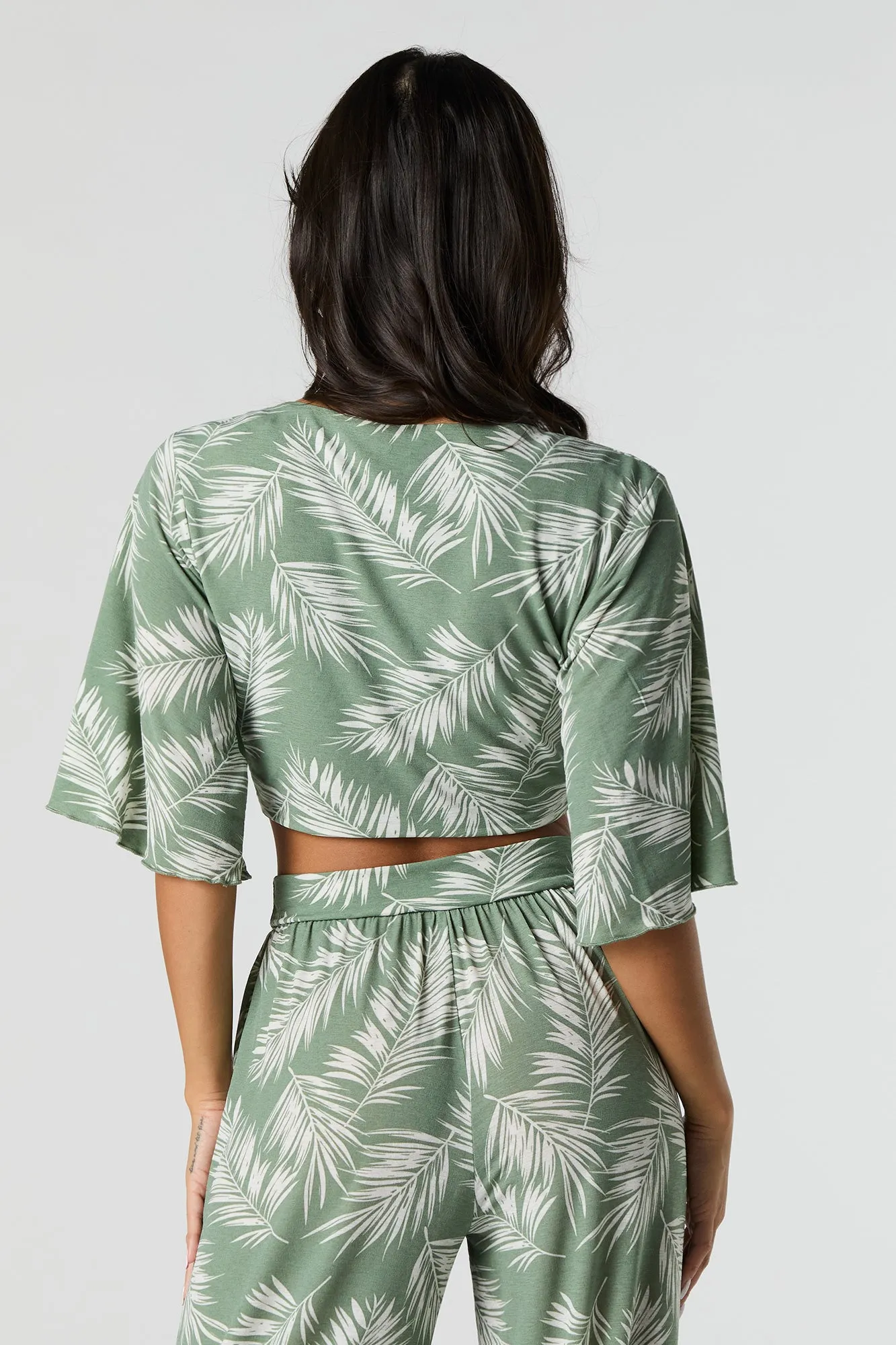 Leaf Print Tie Front Crop Top
