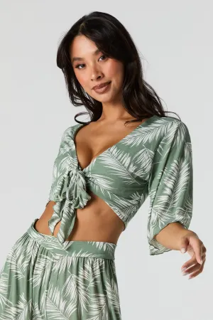 Leaf Print Tie Front Crop Top