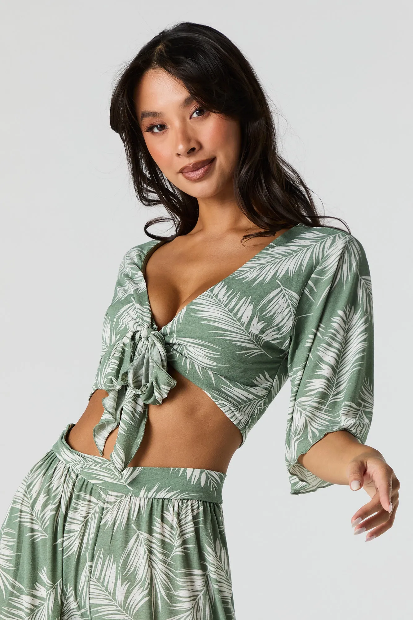 Leaf Print Tie Front Crop Top